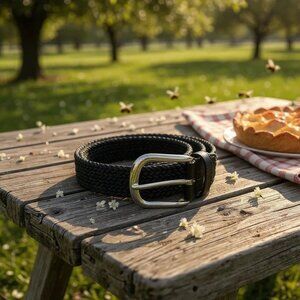 Mens L Black Woven Stretch Belt Silver Buckle Braided Leather Trim Casual 41in